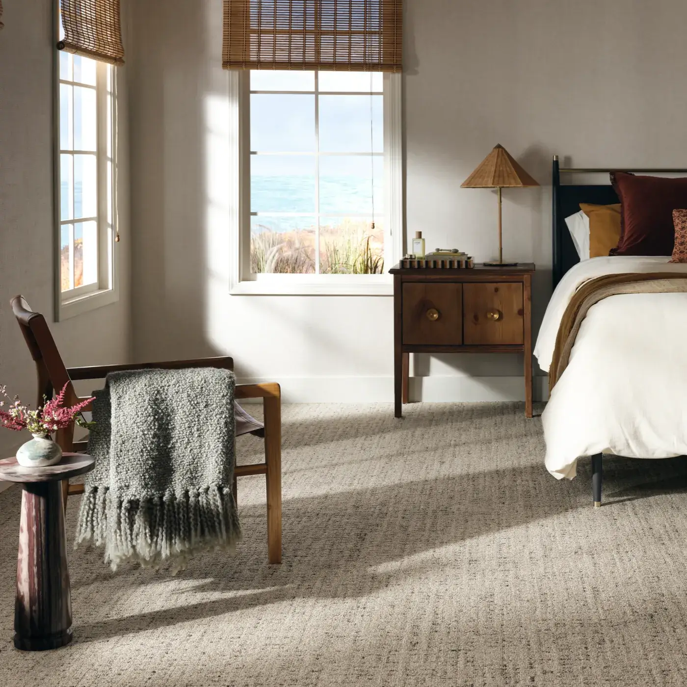 Bedroom room in stock, plush, stain resistant carpet
